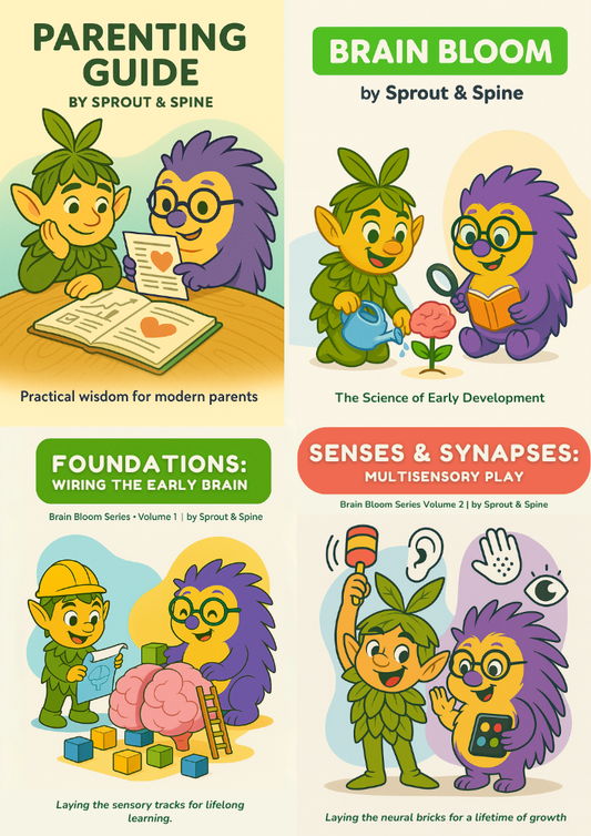 Two educational books on parenting and brain development with colorful characters and text.