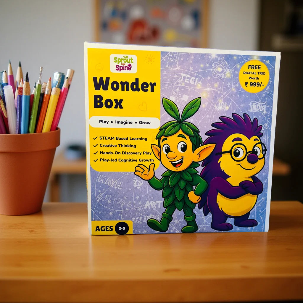 Wonder Box educational product with cartoon characters on a wooden table