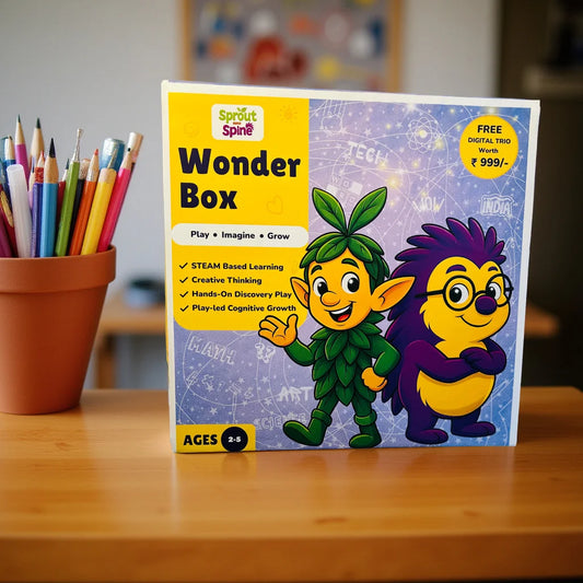 Wonder Box educational product with cartoon characters on a wooden table