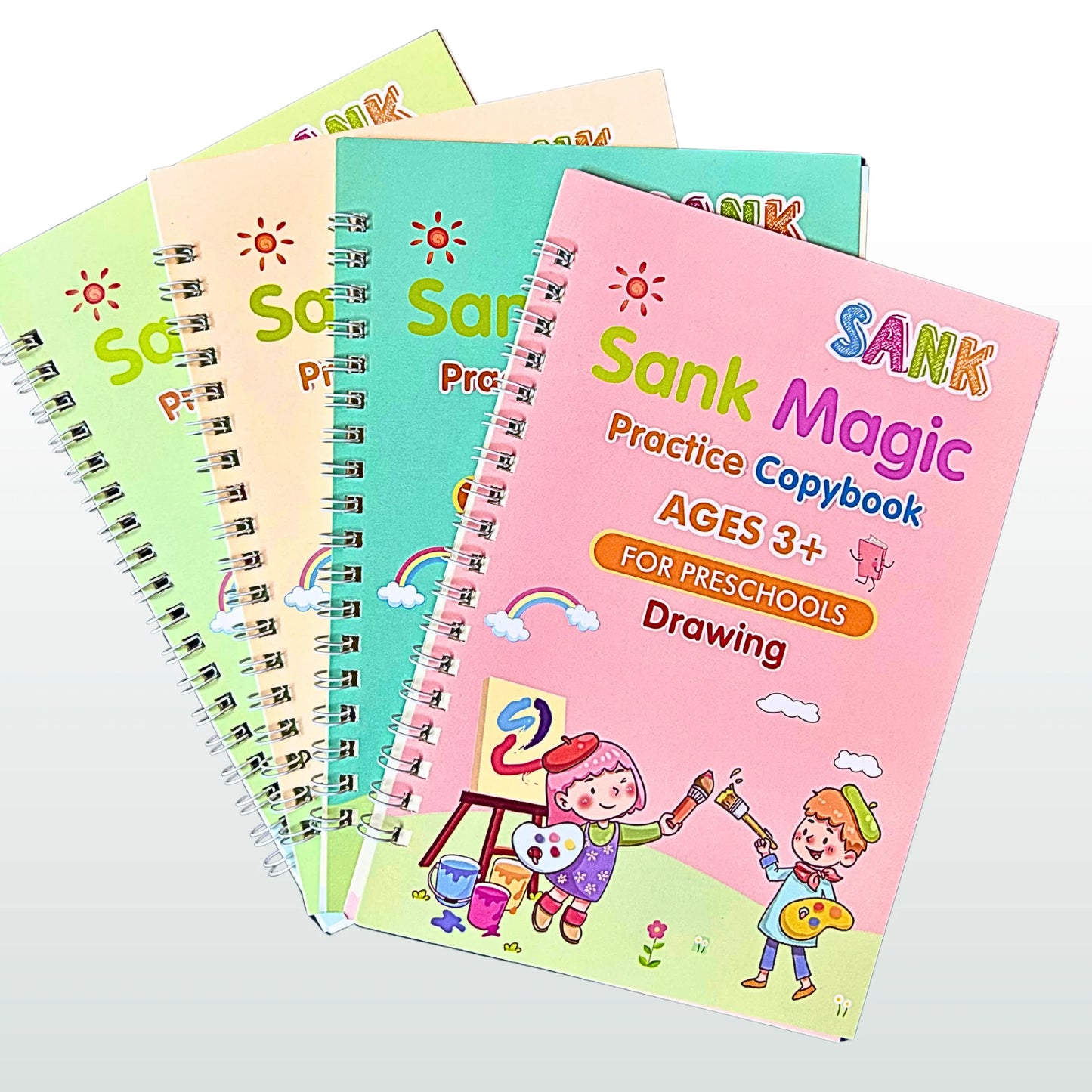 Set of colorful 'Sank Magic' practice copybooks for preschoolers on a white background, found in wonder box