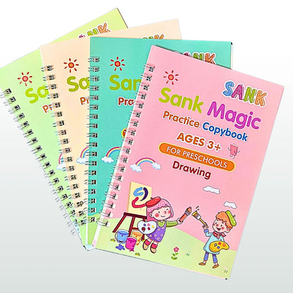 Set of colorful 'Sank Magic' practice copybooks for preschoolers on a white background, found in wonder box
