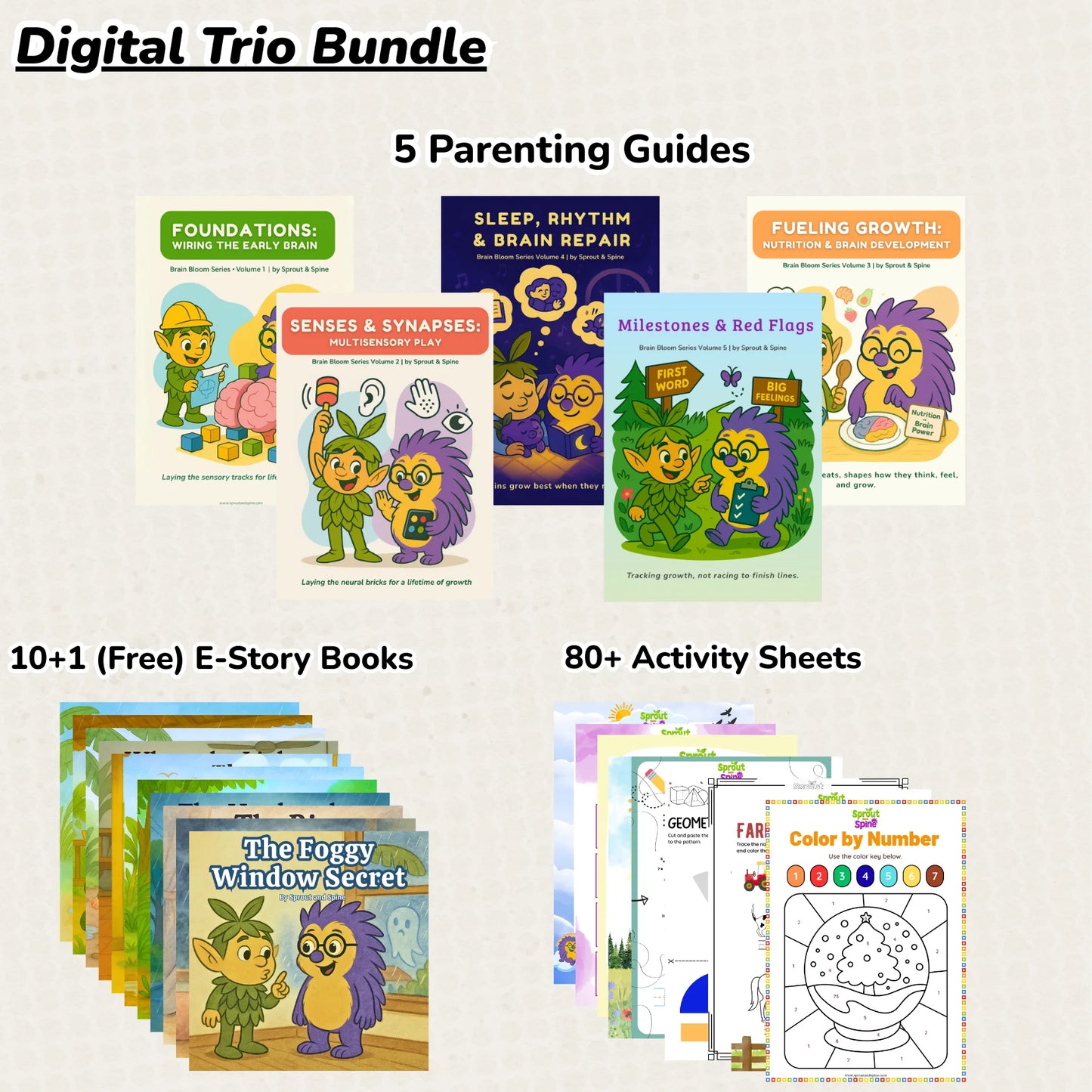 Digital trio bundle with parenting guides, e-story books, and activity sheets on a white background. found in wonder box