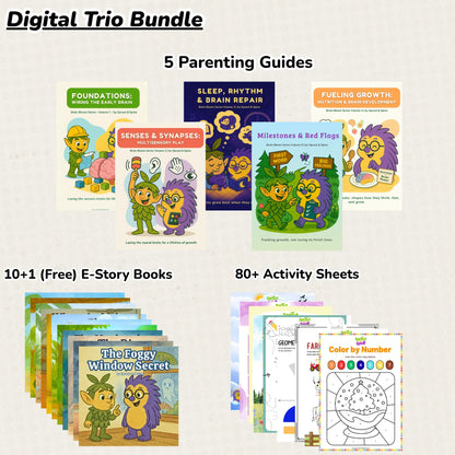 Digital trio bundle with parenting guides, e-story books, and activity sheets on a white background. found in wonder box