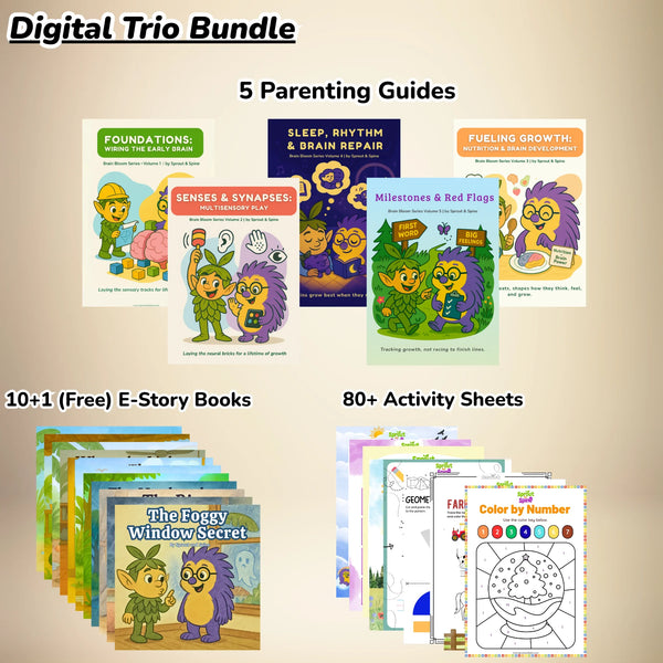 Digital trio bundle with parenting guides, e-story books, and activity sheets on a beige background. found in wonder box
