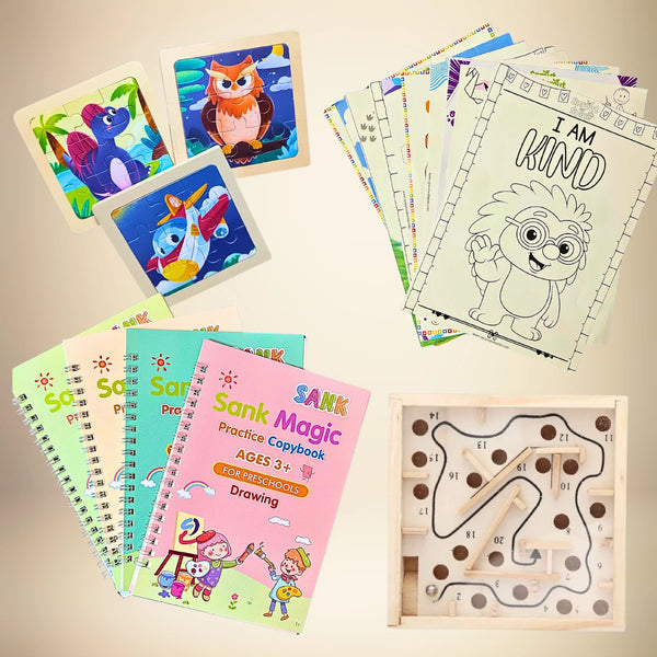 Educational toys and books for children on a beige background, found in wonder box.