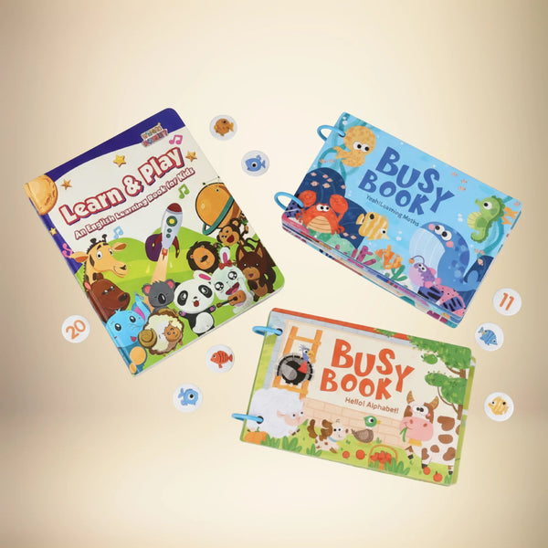 Three children's busy books with animal illustrations on a beige background found in wonder box