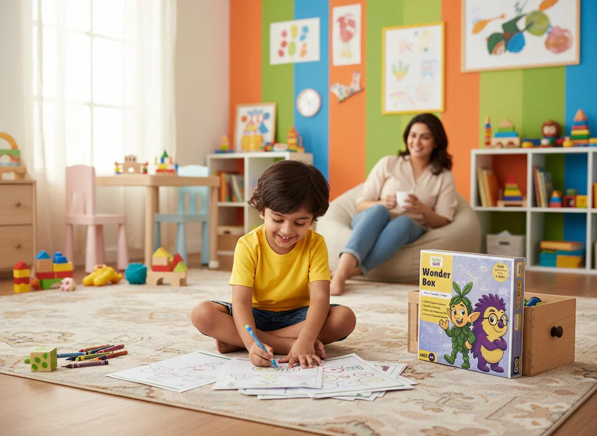Child drawing on paper with a woman sitting in the background, surrounded by toys and books. and a wonder box.