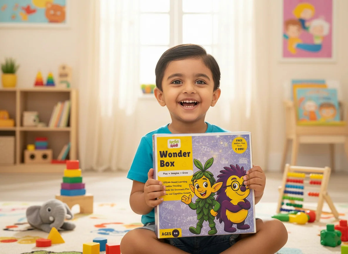 Child holding a 'Wonder Box' toy in a playroom with colorful toys and furniture.