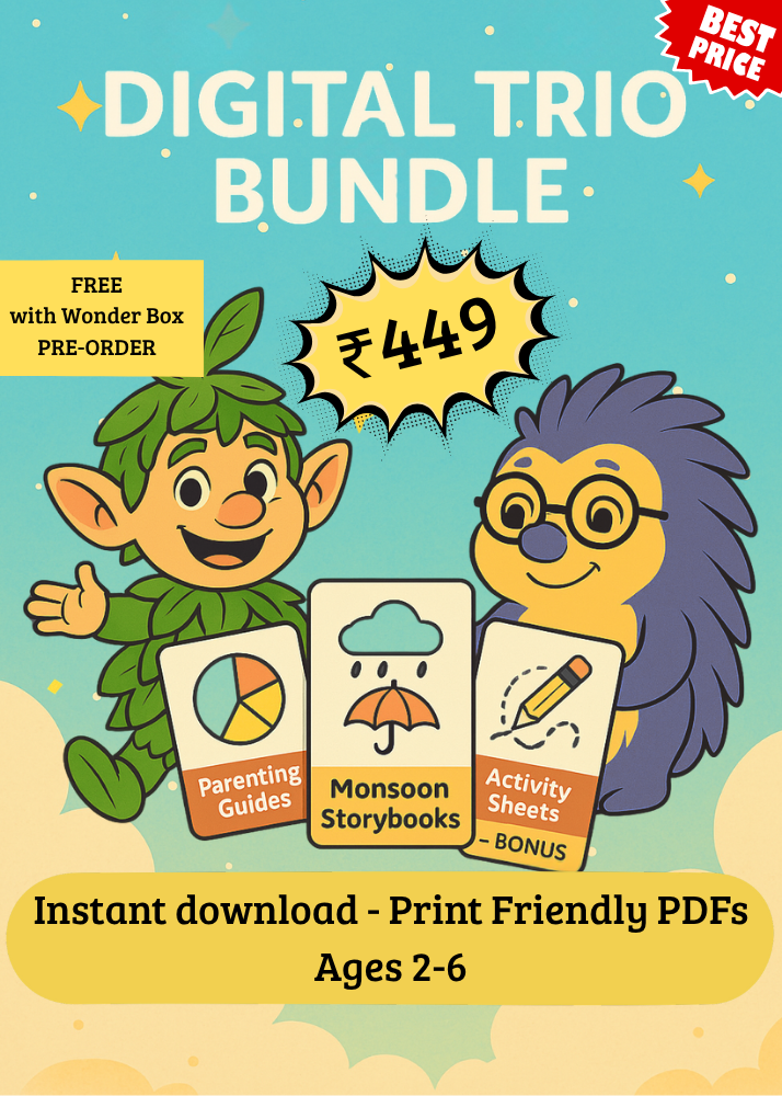 Digital trio bundle for children with two cartoon characters and educational materials on a colorful background.